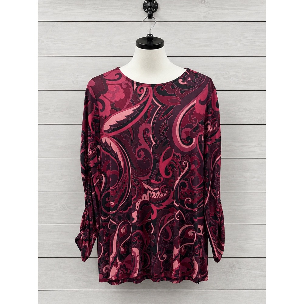 Susan Graver Paisley Ruched Sleeve Top Large Pink Burgundy Long Sleeve A367763